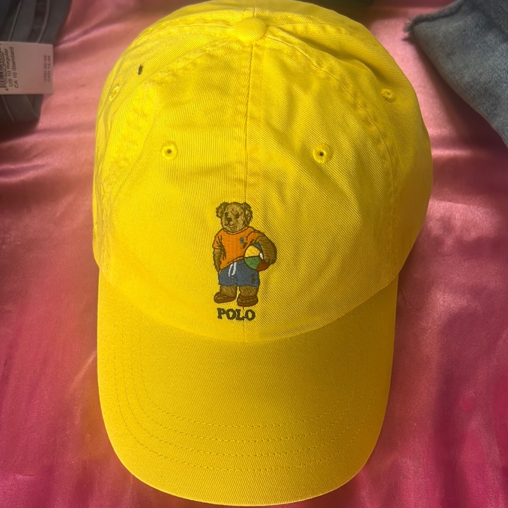 NWT POLO Ralph Lauren BEACH BALL BEAR HAT 6-Panel Dad Cap YELLOW Leath Strapback